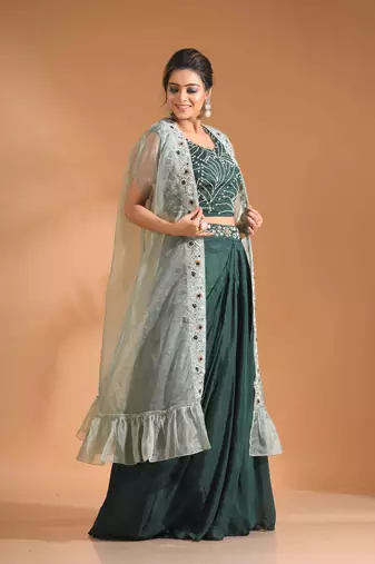 Dark Green  crop top with long jacket with hand embroidery
