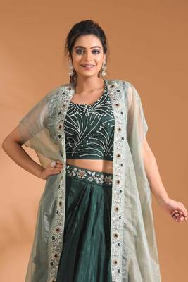 Dark Green  crop top with long jacket with hand embroidery 3