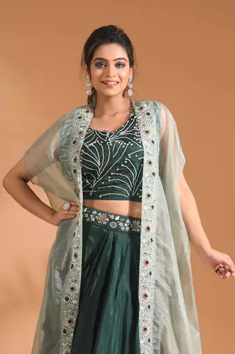 Dark Green  crop top with long jacket with hand embroidery