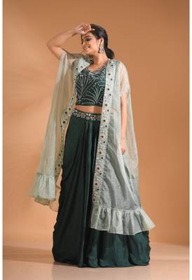 Dark Green  crop top with long jacket with hand embroidery 4