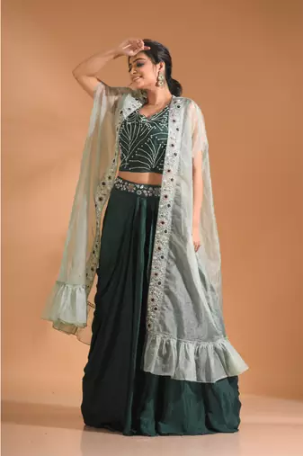 Dark Green  crop top with long jacket with hand embroidery