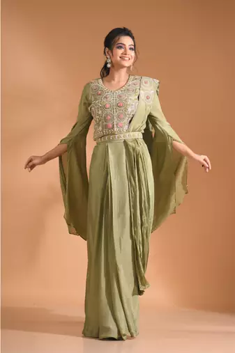Green crop top style with duppta with hand embroidery