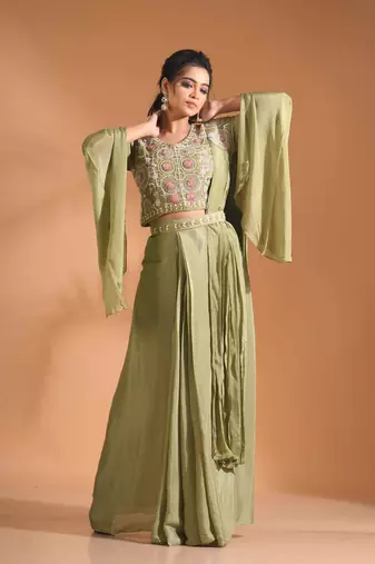 Green crop top style with duppta with hand embroidery