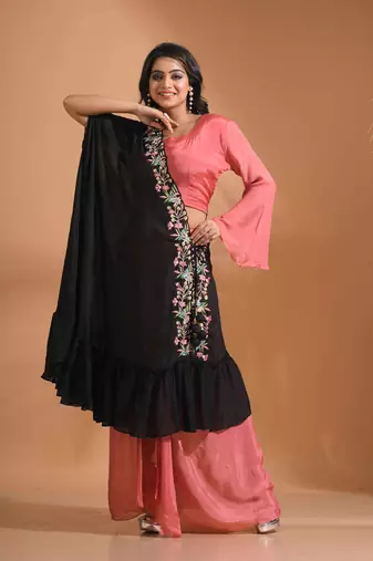 peach crop top set with duppata with hand embroidery