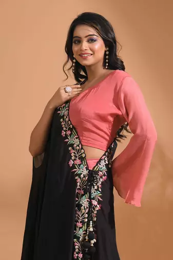 peach crop top set with duppata with hand embroidery