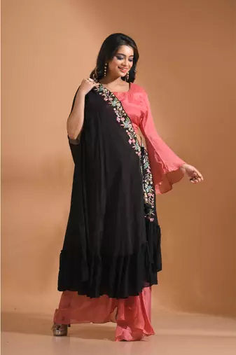 peach crop top set with duppata with hand embroidery