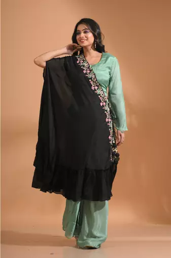 Green crop top set with duppata with hand embroidery