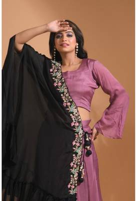 Green crop top set with duppata with printed 2