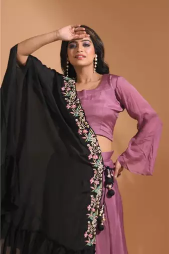Green crop top set with duppata with printed