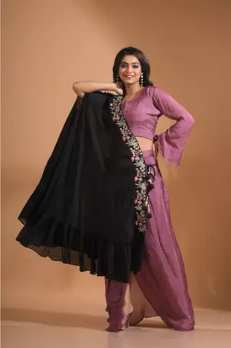 Green crop top set with duppata with printed
