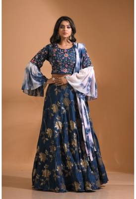 Blue crop top jacard shirt with duppata with hand embroidery 2