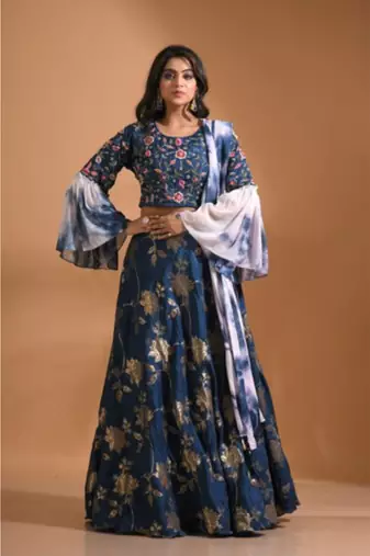 Blue crop top jacard shirt with duppata with hand embroidery