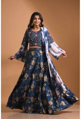 Blue crop top jacard shirt with duppata with hand embroidery 3