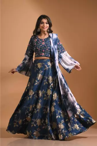 Blue crop top jacard shirt with duppata with hand embroidery