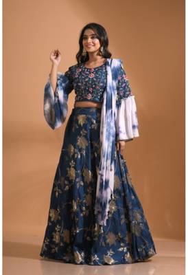 Blue crop top jacard shirt with duppata with hand embroidery 4
