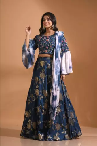 Blue crop top jacard shirt with duppata with hand embroidery