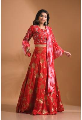 Red  crop top jacard shirt with duppata with hand embroidery 1