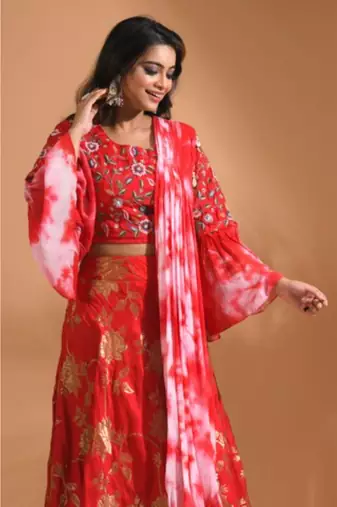 Red  crop top jacard shirt with duppata with hand embroidery