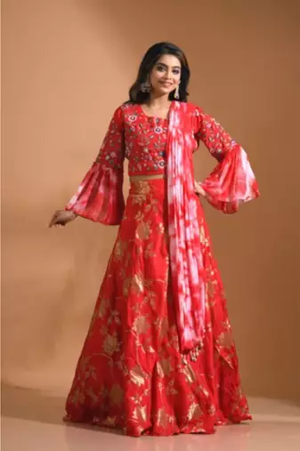 Red  crop top jacard shirt with duppata with hand embroidery