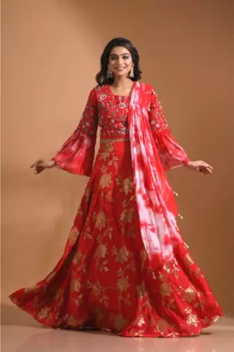 Red  crop top jacard shirt with duppata with hand embroidery