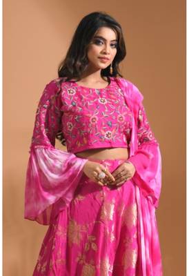  dark-rani-pink crop top jacard shirt with duppata with hand embroidery 1