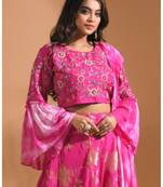  dark-rani-pink crop top jacard shirt with duppata with hand embroidery