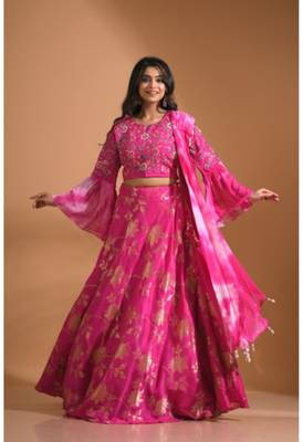  dark-rani-pink crop top jacard shirt with duppata with hand embroidery 2