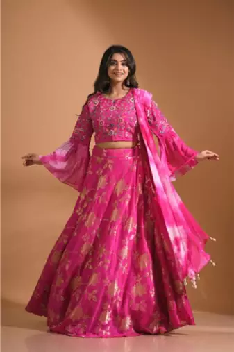  dark-rani-pink crop top jacard shirt with duppata with hand embroidery