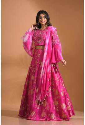  dark-rani-pink crop top jacard shirt with duppata with hand embroidery 3