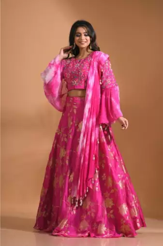  dark-rani-pink crop top jacard shirt with duppata with hand embroidery