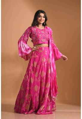  dark-rani-pink crop top jacard shirt with duppata with hand embroidery 4