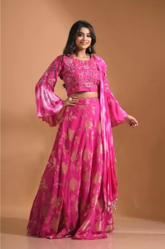  dark-rani-pink crop top jacard shirt with duppata with hand embroidery