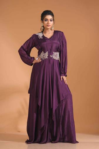 purple long grown with  hand embroidery