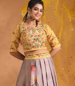 Beige crop top with printted shirt with net duppata with hand embroidery