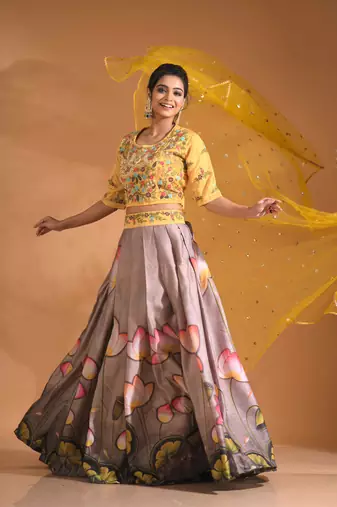 Beige crop top with printted shirt with net duppata with hand embroidery