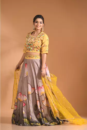 Beige crop top with printted shirt with net duppata with hand embroidery