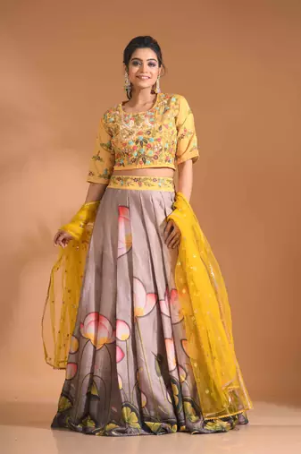 Beige crop top with printted shirt with net duppata with hand embroidery
