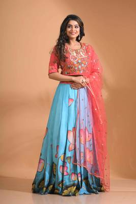 Blue crop top with printted shirt with net duppata with hand embroidery 1