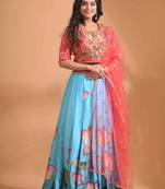 Blue crop top with printted shirt with net duppata with hand embroidery