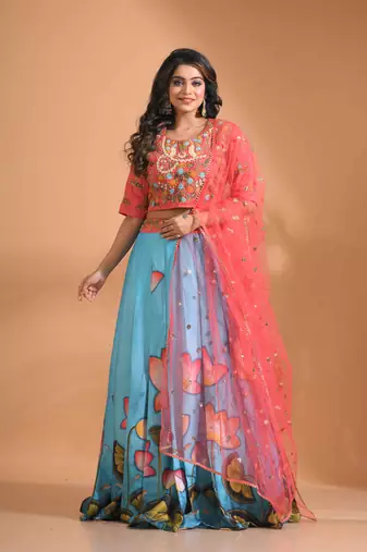 Blue crop top with printted shirt with net duppata with hand embroidery