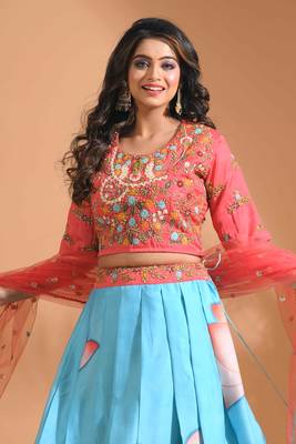 Blue crop top with printted shirt with net duppata with hand embroidery 3