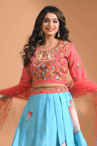 Blue crop top with printted shirt with net duppata with hand embroidery