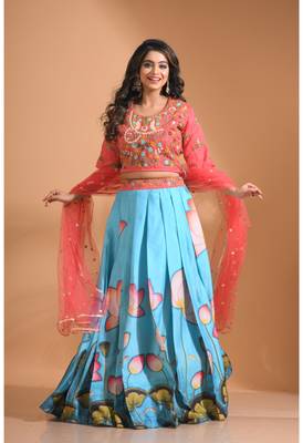 Blue crop top with printted shirt with net duppata with hand embroidery 4