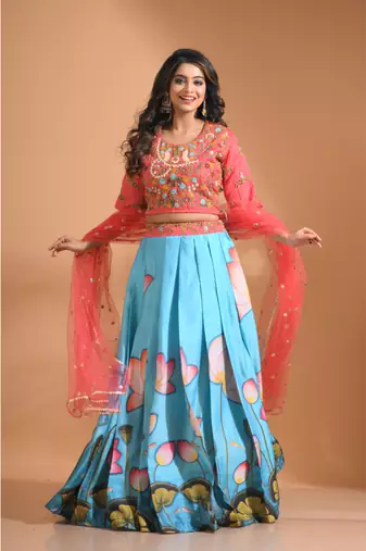 Blue crop top with printted shirt with net duppata with hand embroidery