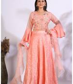 Peach crop top with hand embroidery with frill dupatta with hand embroidery