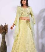 Green crop top with hand embroidery with frill dupatta with hand embroidery