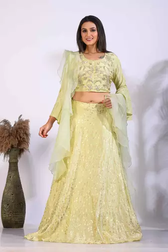Green crop top with hand embroidery with frill dupatta with hand embroidery