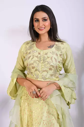 Green crop top with hand embroidery with frill dupatta with hand embroidery