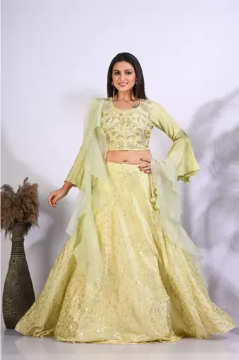 Green crop top with hand embroidery with frill dupatta with hand embroidery