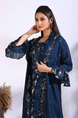 Blue long gown with jacket with hand embroidery 2
